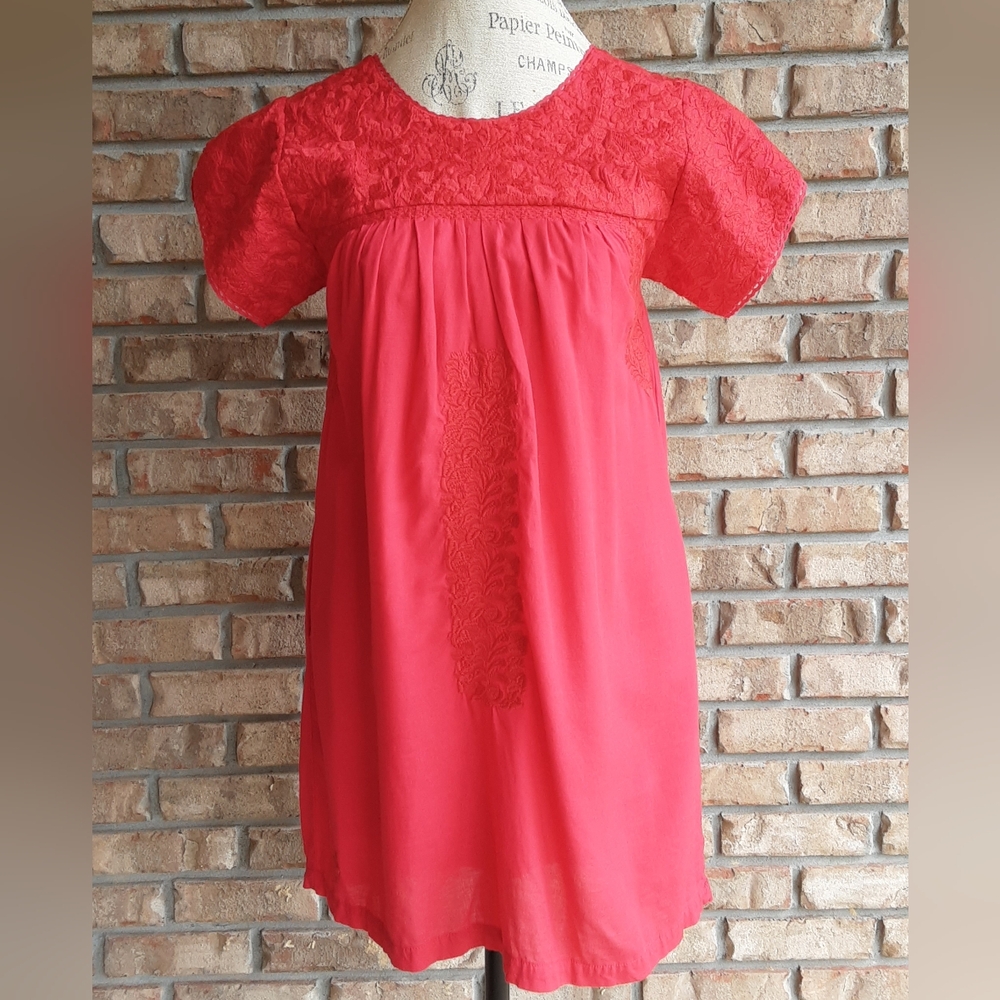 J. Marie Red Mexican Oaxacan Style Dress with Embroidered Details.